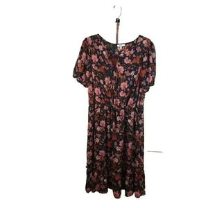 AUW Womens 1X Navy Blue Floral MIDI Dress Belted Sheer Lined Ruffled Bottom Tie